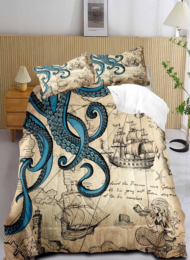 LUVIVIHOME 3PCS Blue Octopus Comforter Set Queen Size, Nautical Bedding, Mermaid Funny Ocean Kraken Tentacle Map Anchor Lighthouse Sailboat Compass Coastal Bedroom Decor, Vintage Quilt, 2 Pillow Shams - Image 2