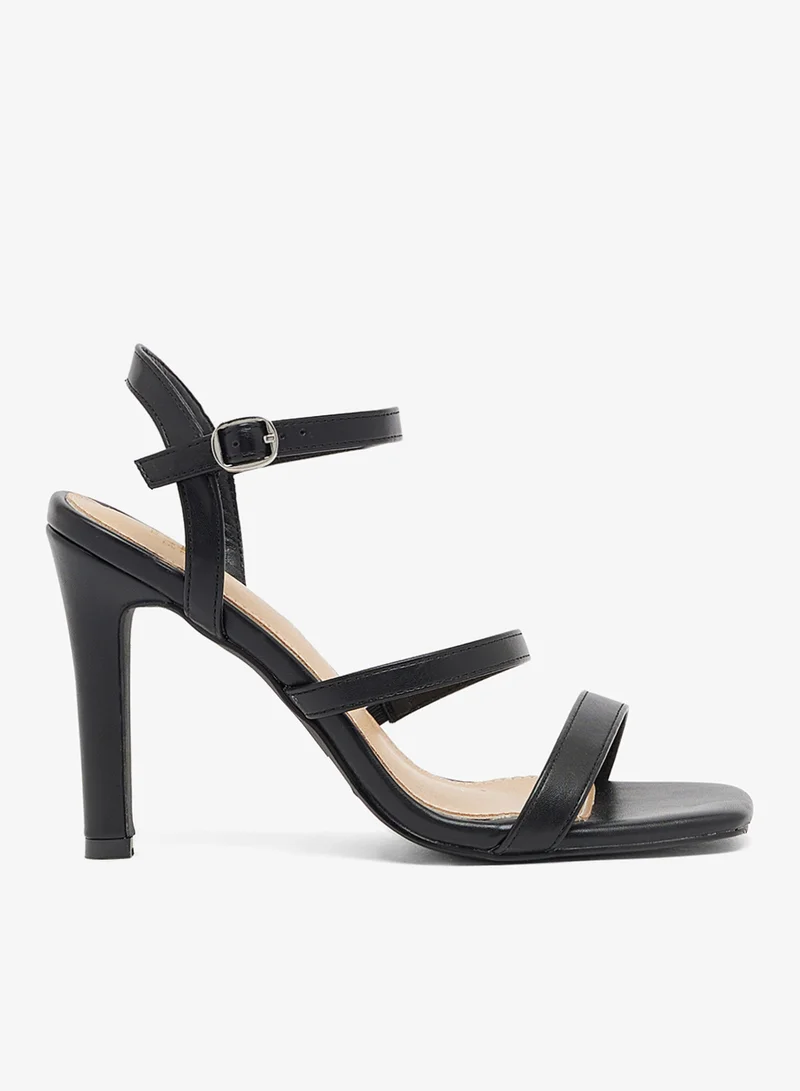Black stiletto sandal with ankle strap and three thin straps