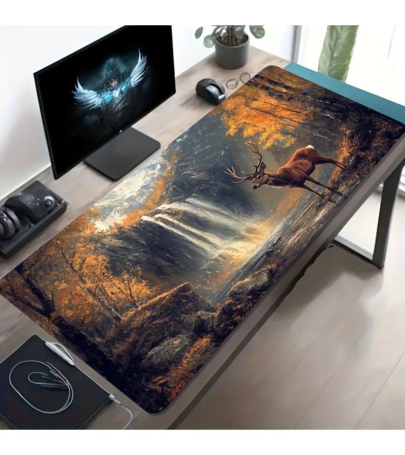 لوحة ماوس كبيرة للألعاب مقاس 30×80 سم بتصميم غزال وشلال وغابة مع قاعدة مطاطية غير قابلة للانزلاق وقابلة للغسل، حصيرة مكتب كبيرة الحجم لتزيين مكتب الكمبيوتر في المكتب، هدية لعشاق الألعاب - Image 1