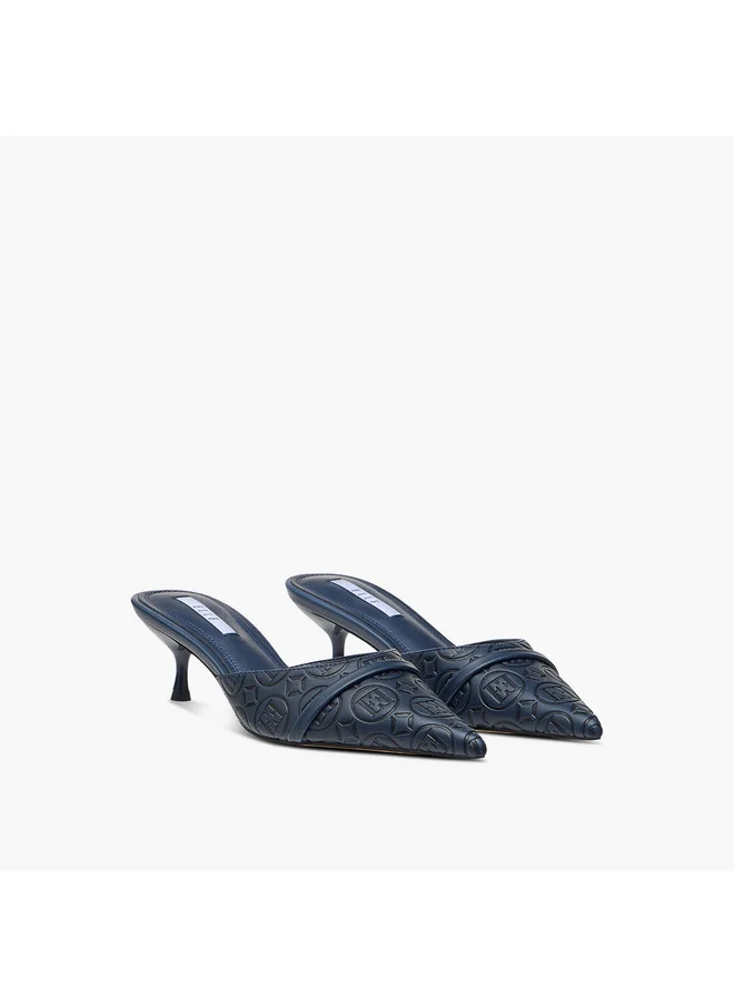 ELLE Women's Monogram Detail Slip-On Mules with Kitten Heels
