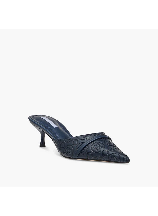 ELLE Women's Monogram Detail Slip-On Mules with Kitten Heels