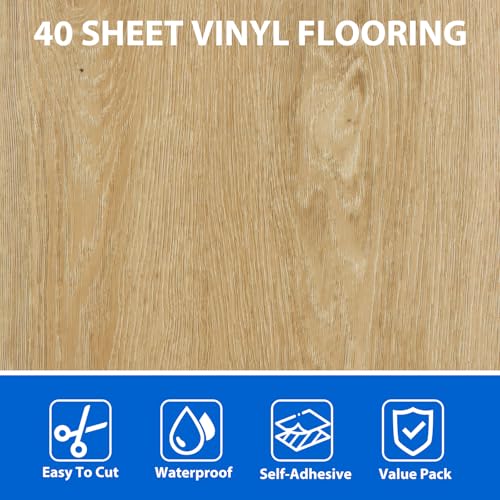 AKOLAFE 40 Sheet Vinyl Flooring 12x12 Peel and Stick Floor Tile Waterproof Clearance Vinyl Floor Tiles Light Wood Self Adhesive Floor Tiles Sticky Laminate Flooring for Bathroom Kitchen Basement RV - Image 3