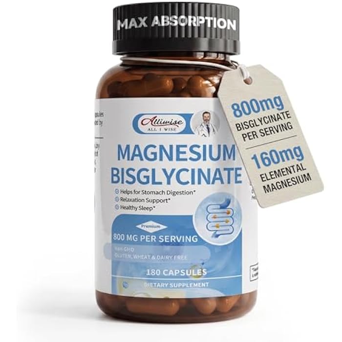 Alliwise Magnesium Glycinate Capsules, Magnesium Bisglycinate 800mg Chelated, Maximum Absorption, Gentle on Stomach, Small Easy to Swallow, Supports Restful Sleep, Muscle, Bone Health 180 Counts - Image 1