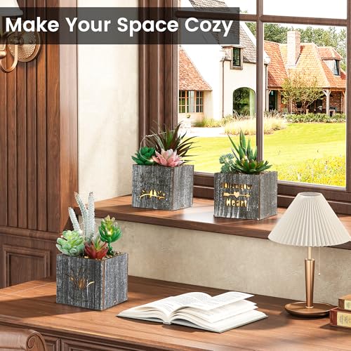 Kinkota Fake Plants Succulent Plants Artificial in Pots with LED Lights Small Fake Succulents Plants Set of 3 Mini Faux Potted Succulents Plants in Wooden Box for Home Office Decoration - Image 3
