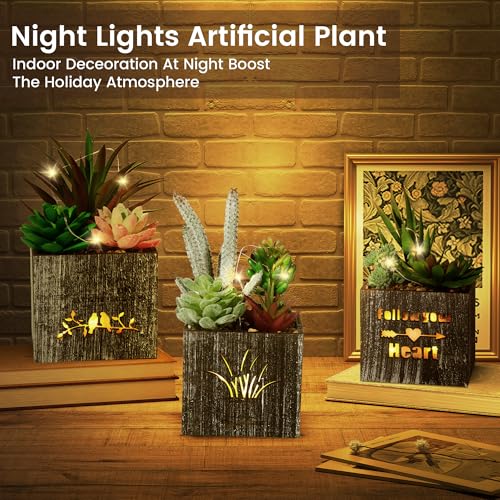 Kinkota Fake Plants Succulent Plants Artificial in Pots with LED Lights Small Fake Succulents Plants Set of 3 Mini Faux Potted Succulents Plants in Wooden Box for Home Office Decoration - Image 2