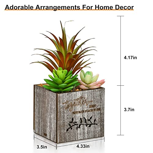 Kinkota Fake Plants Succulent Plants Artificial in Pots with LED Lights Small Fake Succulents Plants Set of 3 Mini Faux Potted Succulents Plants in Wooden Box for Home Office Decoration - Image 4