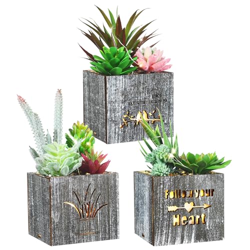 Kinkota Fake Plants Succulent Plants Artificial in Pots with LED Lights Small Fake Succulents Plants Set of 3 Mini Faux Potted Succulents Plants in Wooden Box for Home Office Decoration - Image 1