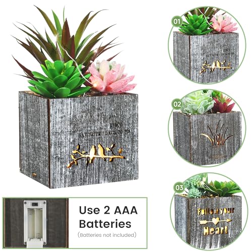 Kinkota Fake Plants Succulent Plants Artificial in Pots with LED Lights Small Fake Succulents Plants Set of 3 Mini Faux Potted Succulents Plants in Wooden Box for Home Office Decoration - Image 5