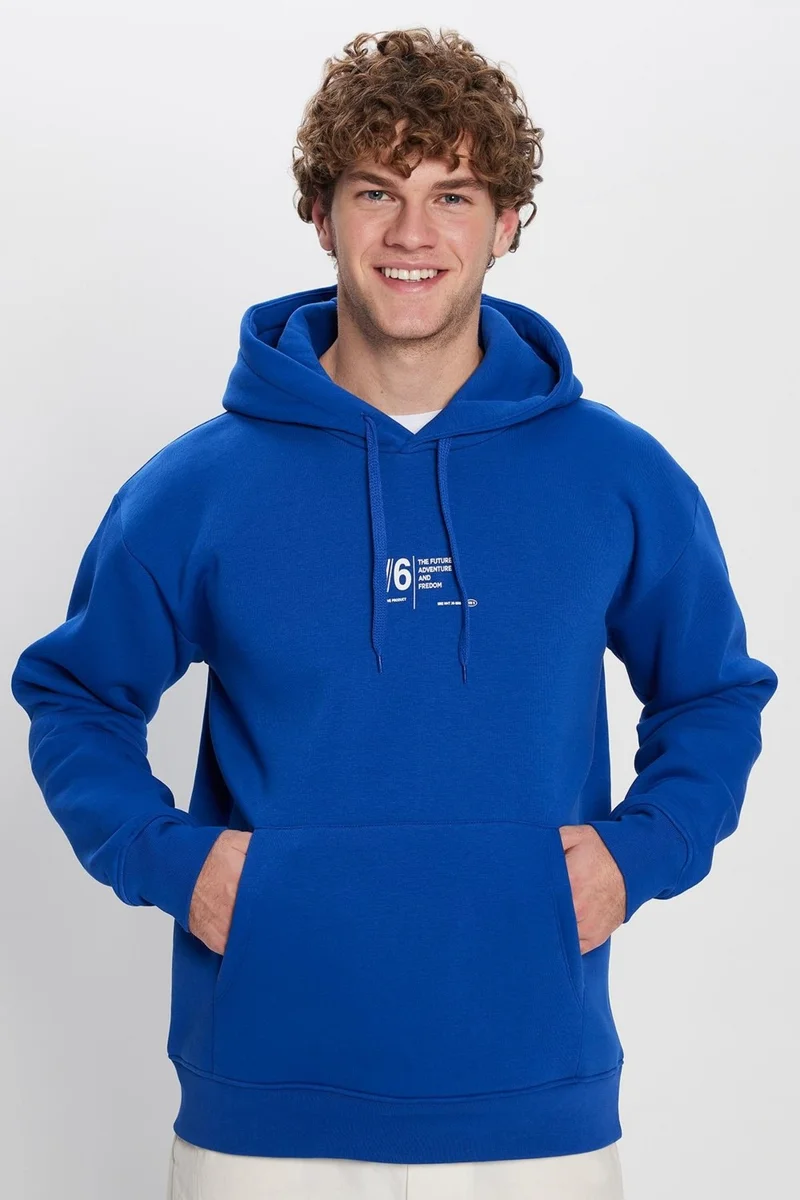 تودورس Unisex Oversize Wide Cut Cotton Soft Textured Polar Fleece Printed Saks Blue Hooded Sweatshirt
