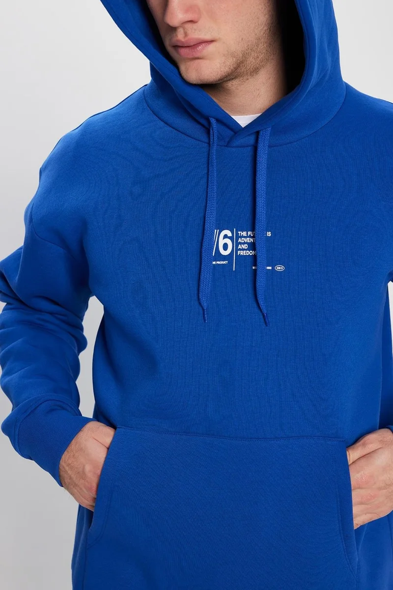 تودورس Unisex Oversize Wide Cut Cotton Soft Textured Polar Fleece Printed Saks Blue Hooded Sweatshirt