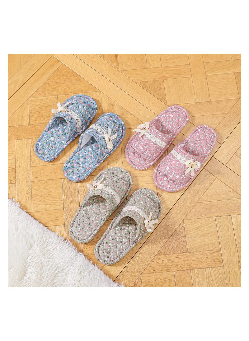 3 Pairs Floral Cotton House Slippers for Women, Open Toe Indoor Slippers Comfortable Washable Portable Foldable Guest Travel Hotel Airplane Spa Slippers - Image 4