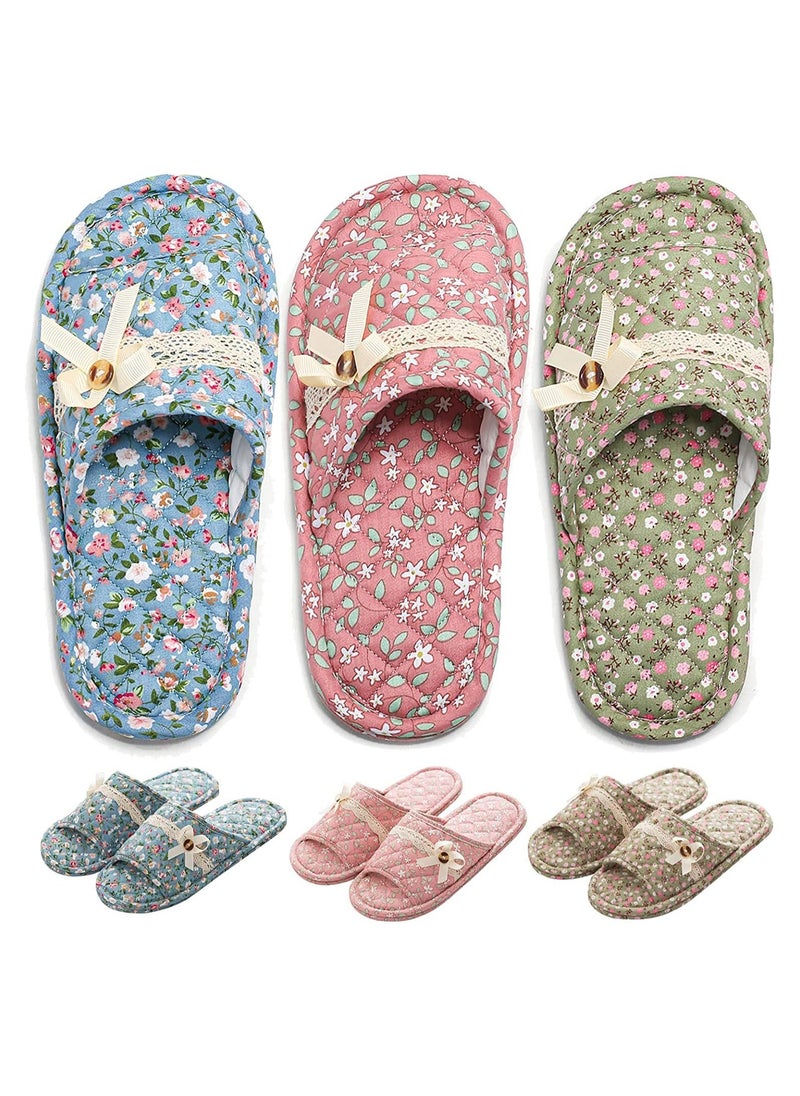 3 Pairs Floral Cotton House Slippers for Women, Open Toe Indoor Slippers Comfortable Washable Portable Foldable Guest Travel Hotel Airplane Spa Slippers - Image 1