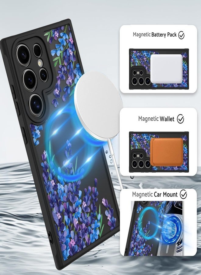 أو أو كيه جراب OOK لهاتف سامسونج جالاكسي S24 ألترا 6.8 بوصة (متوافق مع الشحن اللاسلكي) غطاء هاتف شفاف بلون بنفسجي مزين بالزهور واللافندر، مصنوع من مادة TPU ناعمة + مادة PC صلبة، مقاوم للخدوش والصدمات، جراب مغناطيسي للنساء - Image 2