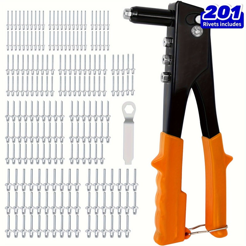 201 Pcs 4 In 1 Hand Riveter Rivet Gun Pop Rivet Tool Kit With Interchangeable Nosepieces 3 32 Inch 1 8 Inch 5 32 Inch 3 16 Inch For Metal - Image 1