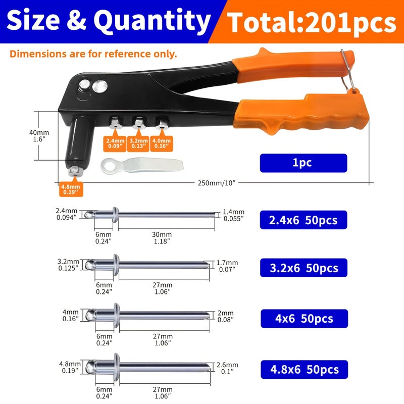 201 Pcs 4 In 1 Hand Riveter Rivet Gun Pop Rivet Tool Kit With Interchangeable Nosepieces 3 32 Inch 1 8 Inch 5 32 Inch 3 16 Inch For Metal - Image 2