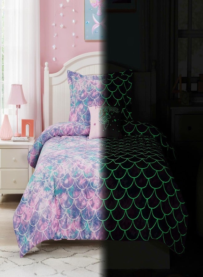 Wink Deer Twin Comforter Set for Girls-3 Pieces Mermaid Glow in The Dark Twin Bedding Sets for Kids,1 Comforter,1 Sham and 1 Decor Pillow - Image 3
