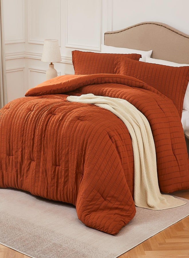 Quataly Terracotta Full Comforter Set - 3 Pieces Seersucker Lightweight Bedding Comforter Sets (1 Soft Fluffy Comforter & 2 Pillowcases) - All Seasons Cozy Modern Bed Sets for Women Men - Image 1