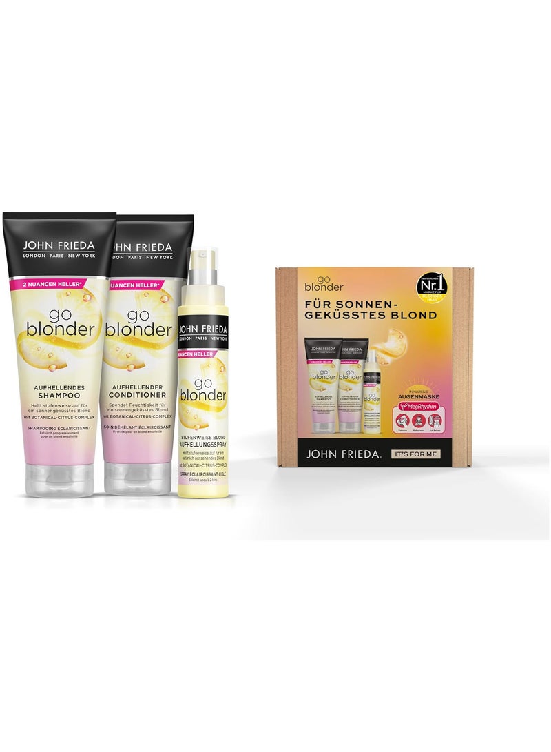 جون فريدا مجموعة للشعر الأشقر - شامبو 250 مل، بلسم 250 مل، بخاخ تفتيح 100 مل، وقناع عيون ميجريثم مجاني - Image 1
