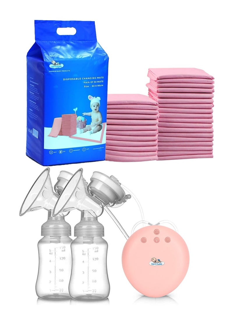 لطف وحضن فرشات تغيير للأطفال "كيوت آند كدل" – عبوة من 30 قطعة (60×90 سم، وردي)، ناعمة، مقاومة للماء وذات امتصاص عالي مع مضخة حليب كهربائية مزدوجة، بدون استخدام اليدين، قابلة للارتداء، هادئة، قابلة لإعادة الشحن مع شاشة LED وتخزين. - Image 1