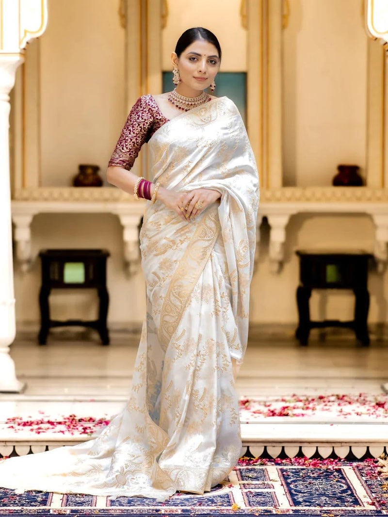 C J Enterprise Women's Pure Kanjivaram Silk Saree Soft Design With Blouse Piece For Wedding (Almari-55) (White) - Image 3