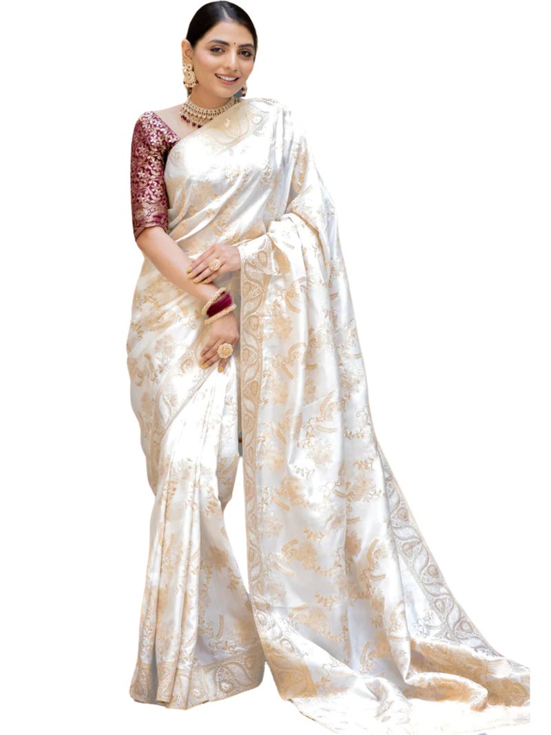 C J Enterprise Women's Pure Kanjivaram Silk Saree Soft Design With Blouse Piece For Wedding (Almari-55) (White) - Image 1