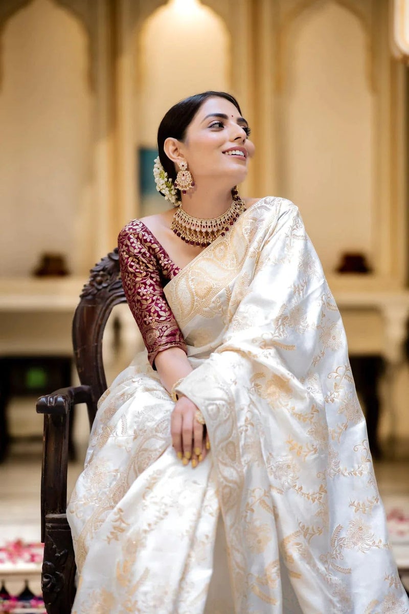 C J Enterprise Women's Pure Kanjivaram Silk Saree Soft Design With Blouse Piece For Wedding (Almari-55) (White) - Image 4