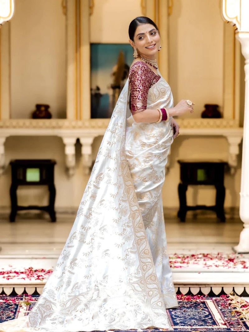 C J Enterprise Women's Pure Kanjivaram Silk Saree Soft Design With Blouse Piece For Wedding (Almari-55) (White) - Image 5