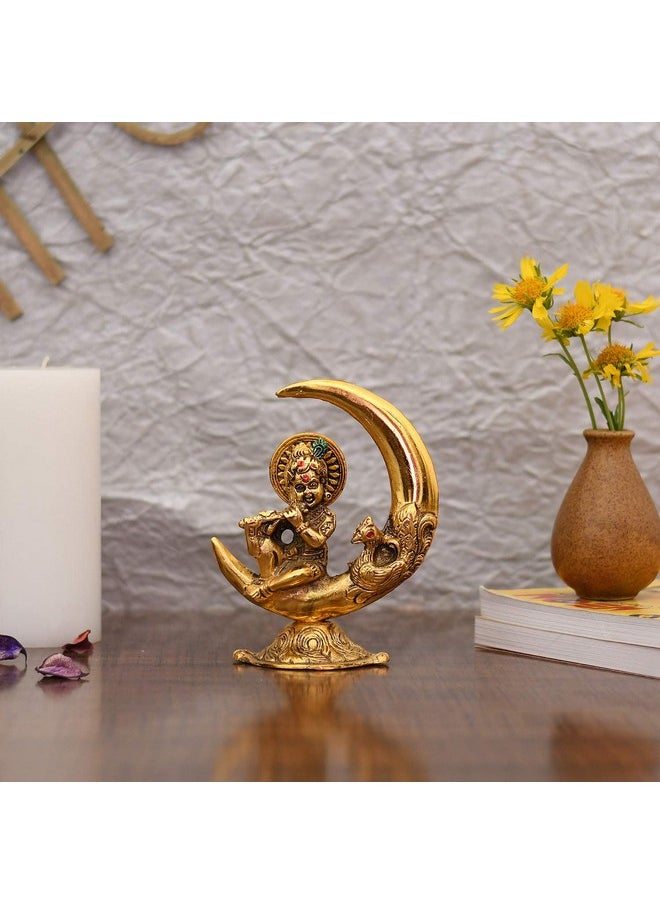 Collectible India Collectible India Baby Krishna Idol Murti Statue for Home Puja Decor - Gold Plated Krishna Idols on Moon Showpiece Decorative Gifts Set (Set of 1)  - Image 1