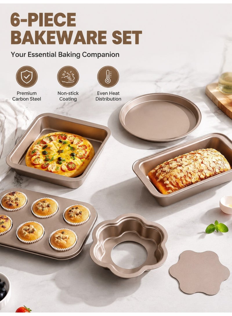 6 pcs Bakeware Sets, Baking Pans Set, Nonstick Bakeware Set With Oven Pans, Baking Sheet, Wire Rack Complete Kitchen Baking Set, Carbon Steel Oven Bakeware Baking Set (Gold) - Image 1