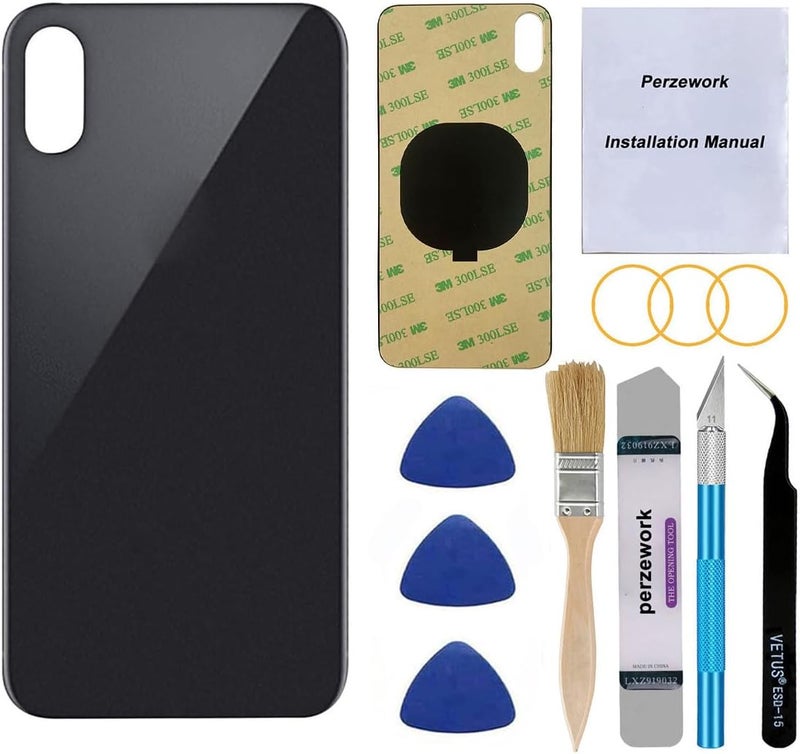 Perzework استبدال زجاج خلفي أصلي لجهاز iPhone Xs بحجم 5.8 بوصة مع مجموعة أدوات الإصلاح ومواد لاصقة مثبتة مسبقًا (رمادي فضائي/أسود) - Image 1