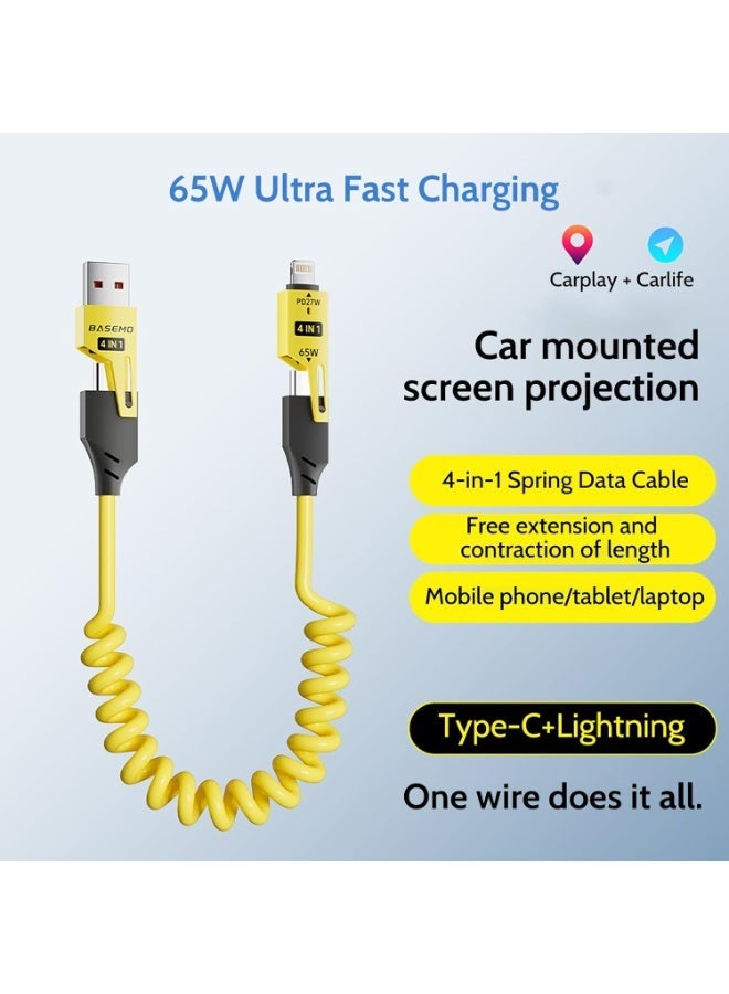 BASEMO 4-in-1 Spring Data Cable, 65W USB-C Multi Fast Charging Cable 5FT, Multi USB Charger Cable, Multi Device Charging Type C Charger Cord for Cars, iPhone, MacBook Pro, iPad Pro, Galaxy S24/S23, Cameras - Image 1