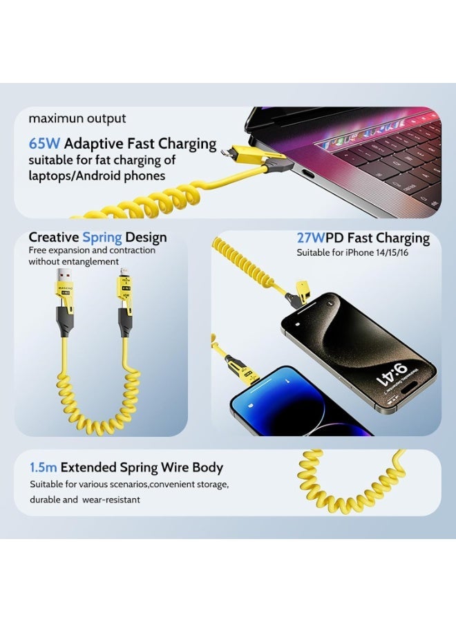 BASEMO 4-in-1 Spring Data Cable, 65W USB-C Multi Fast Charging Cable 5FT, Multi USB Charger Cable, Multi Device Charging Type C Charger Cord for Cars, iPhone, MacBook Pro, iPad Pro, Galaxy S24/S23, Cameras - Image 3