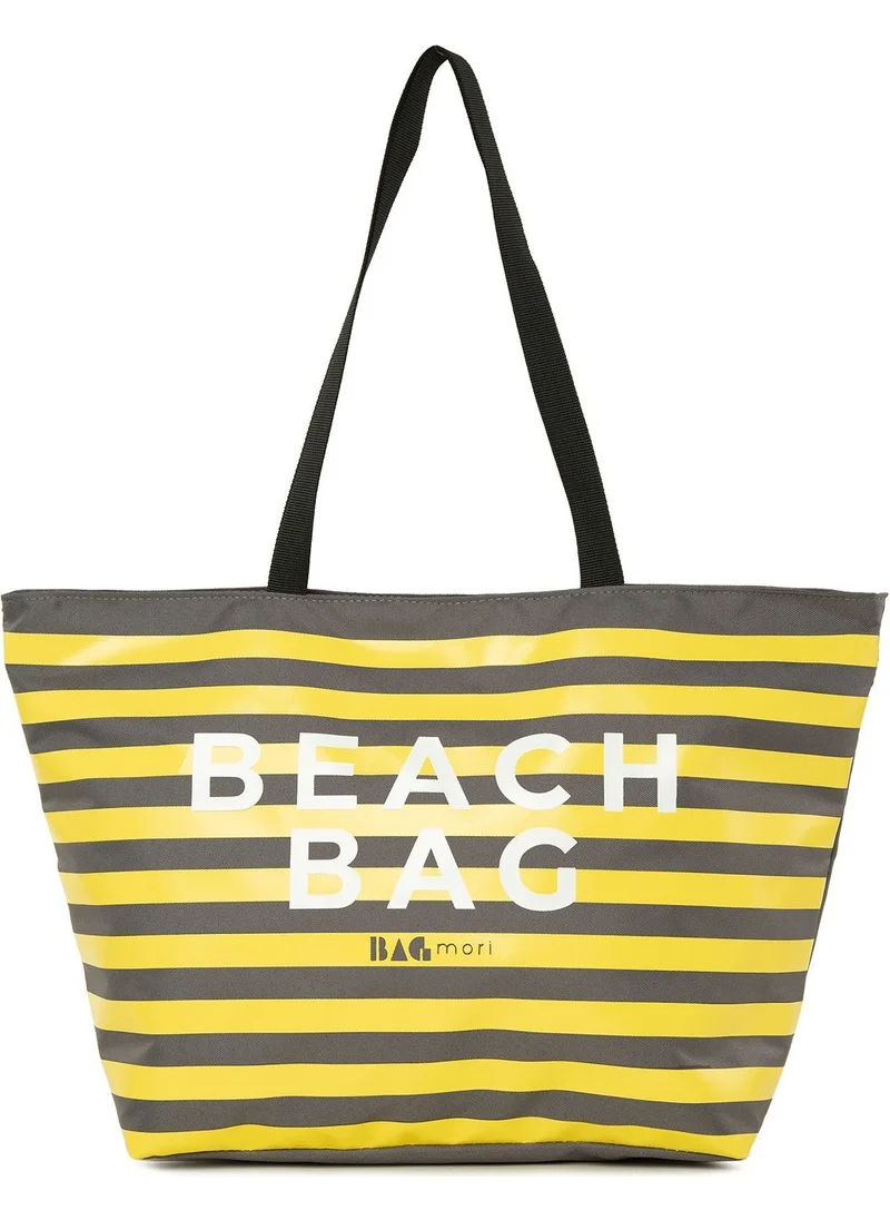 Bagmori Gray Striped Beach Bag Printed Beach Bag