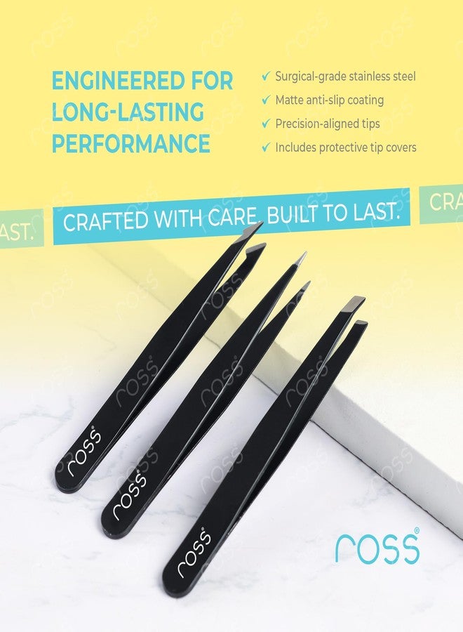 Ross 3PCS Precision Tweezers Set - Stainless Steel Slant, Pointed & Curved Tips - Professional Kit for Eyebrow Shaping, Facial Hair, Ingrown Hair & Splinter Removal, Craft & Beauty Use - Black Finish - Image 5