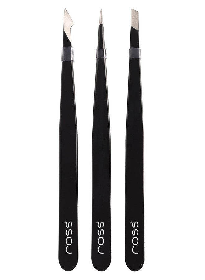 Ross 3PCS Precision Tweezers Set - Stainless Steel Slant, Pointed & Curved Tips - Professional Kit for Eyebrow Shaping, Facial Hair, Ingrown Hair & Splinter Removal, Craft & Beauty Use - Black Finish - Image 1