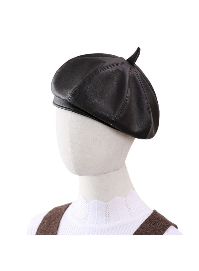 Leather beret, vintage solid color painter, personalized spring/summer sun hat for girls to wear when going out(Black) - Image 2