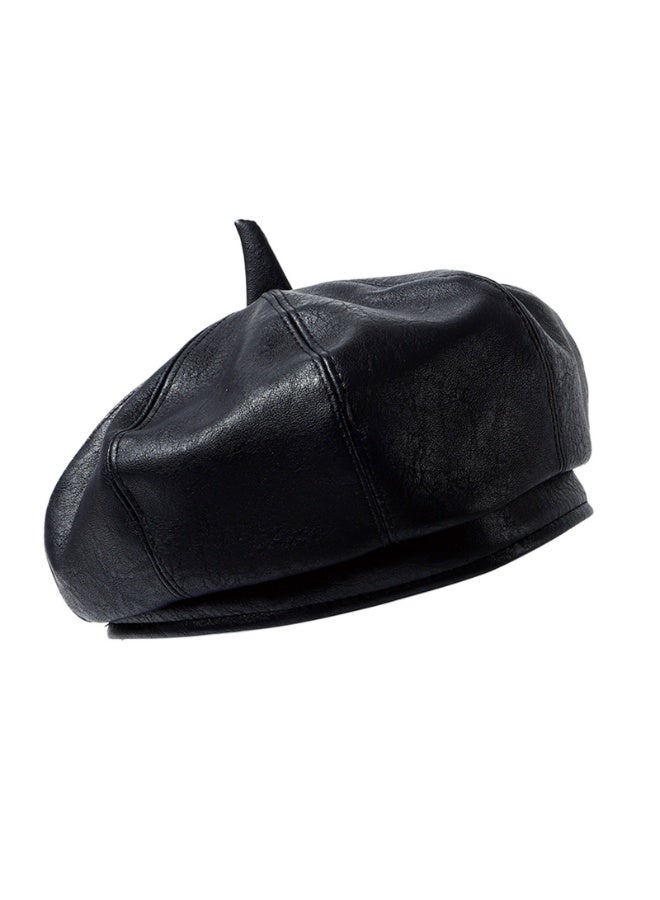 Leather beret, vintage solid color painter, personalized spring/summer sun hat for girls to wear when going out(Black) - Image 1