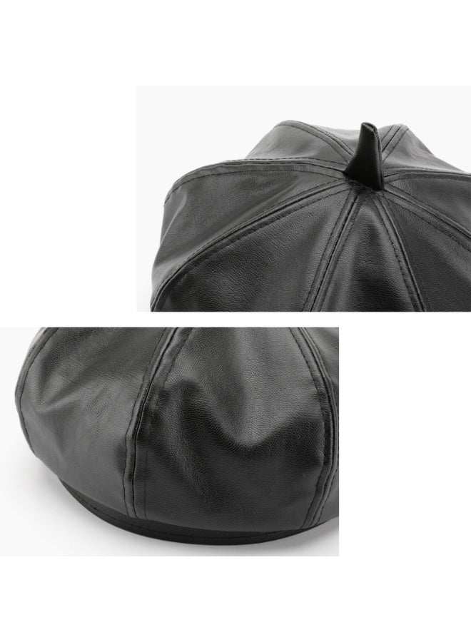 Leather beret, vintage solid color painter, personalized spring/summer sun hat for girls to wear when going out(Black) - Image 4