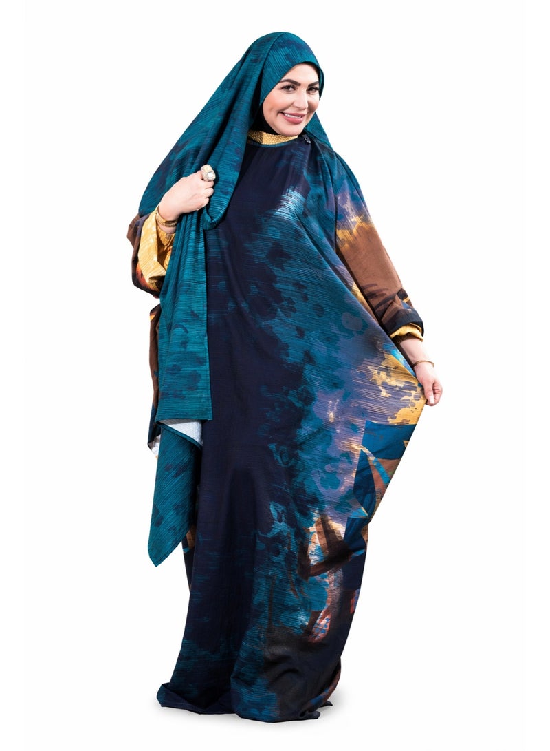 SATR HIJABI Elegant Teal & Abstract Print Isdal – Modern Modest Prayer Wear for Women - Image 1