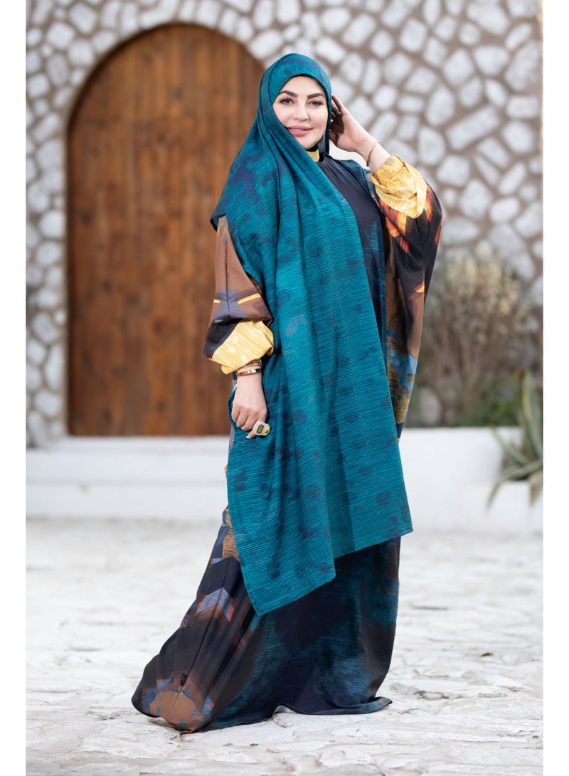 SATR HIJABI Elegant Teal & Abstract Print Isdal – Modern Modest Prayer Wear for Women - Image 5