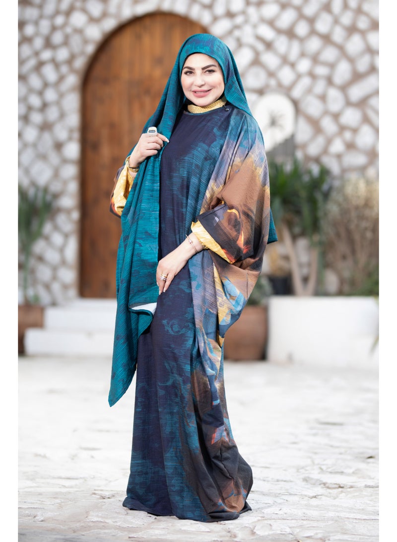 SATR HIJABI Elegant Teal & Abstract Print Isdal – Modern Modest Prayer Wear for Women - Image 2
