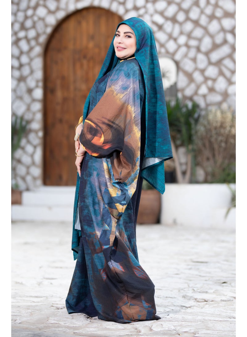 SATR HIJABI Elegant Teal & Abstract Print Isdal – Modern Modest Prayer Wear for Women - Image 4