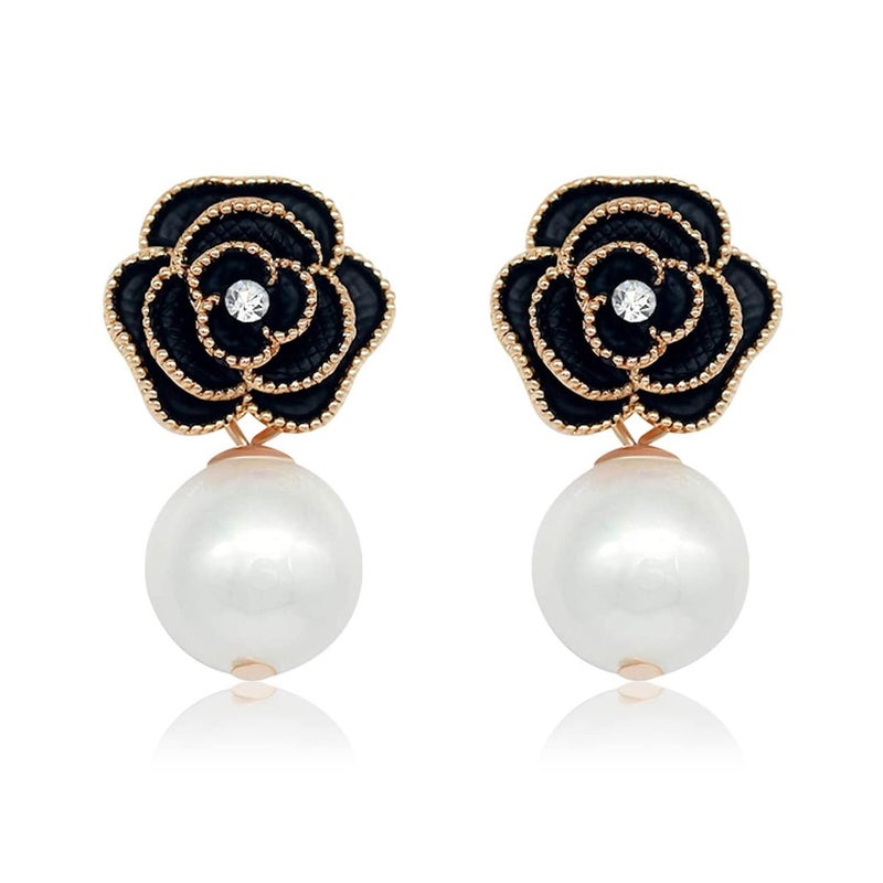 Woerda Fashion Design Faux Pearl Charm Flower Dangle Drop Earrings Studs For Women (Black) - Image 1