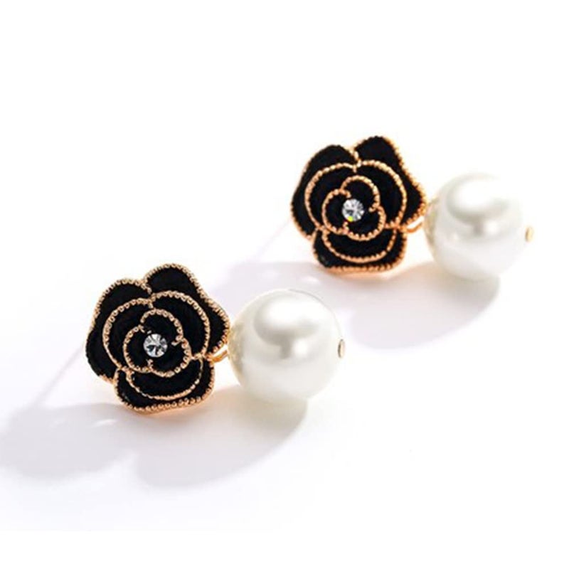 Woerda Fashion Design Faux Pearl Charm Flower Dangle Drop Earrings Studs For Women (Black) - Image 4