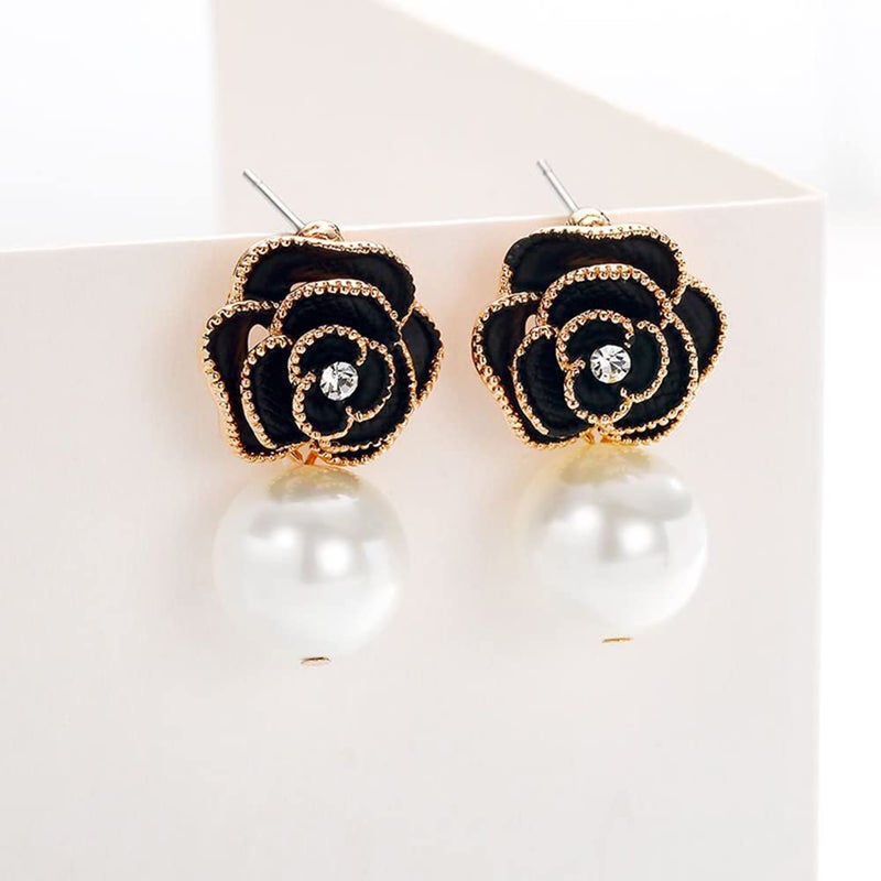 Woerda Fashion Design Faux Pearl Charm Flower Dangle Drop Earrings Studs For Women (Black) - Image 3