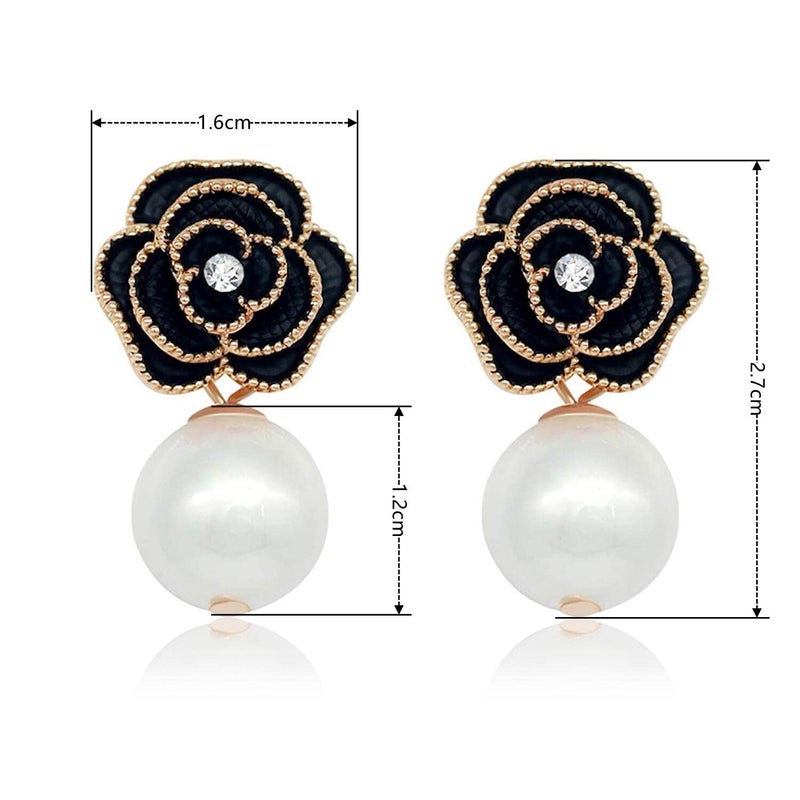 Woerda Fashion Design Faux Pearl Charm Flower Dangle Drop Earrings Studs For Women (Black) - Image 2