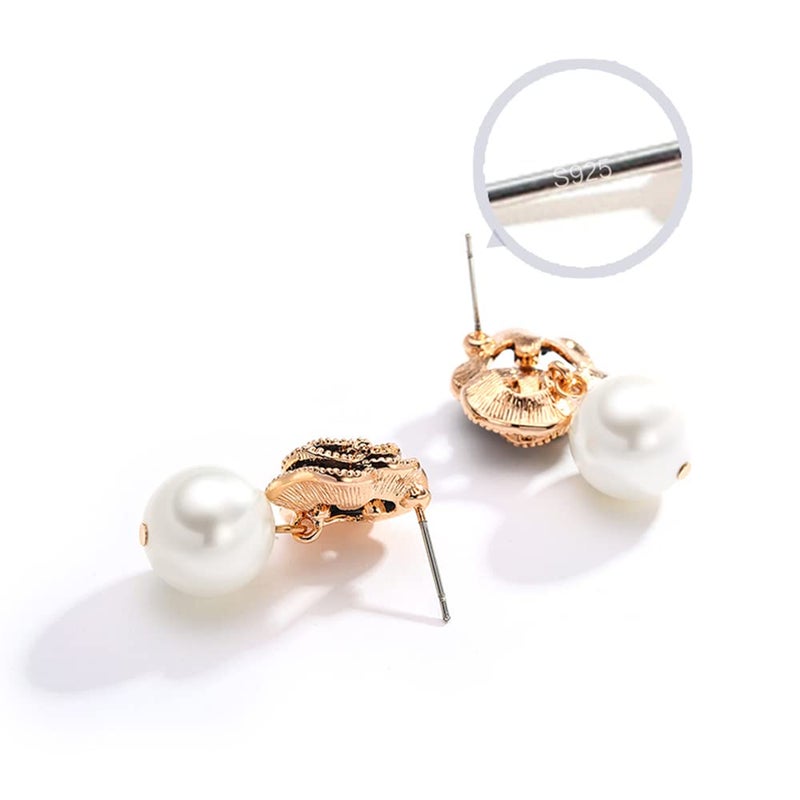 Woerda Fashion Design Faux Pearl Charm Flower Dangle Drop Earrings Studs For Women (Black) - Image 5