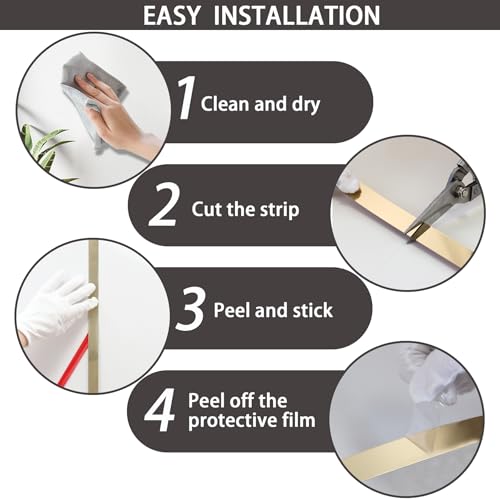 Lunghaa Peel and Stick Metal Finish Molding Trim, Stainless Steel Strip for Wall, Mirror Frame, Fireplace and Craft Decoration (Brushed Gold, 19.7 ft x 0.6 in) - Image 5