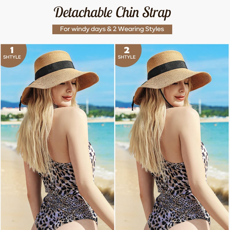 Tavaleu Sun Beach Hats for Women, Wide Brim Womens Straw Hat with Chin Strap, Foldable Beach Hats UV Protection - Image 5