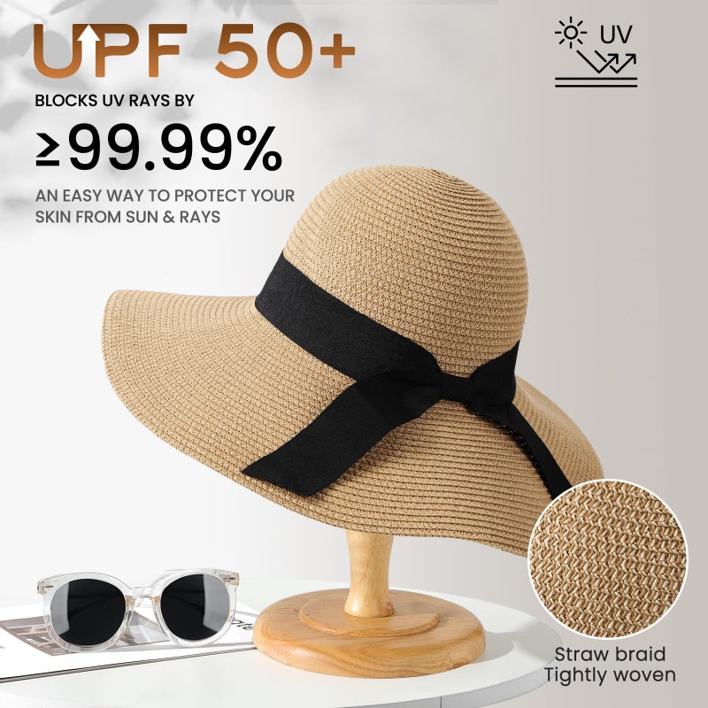Tavaleu Sun Beach Hats for Women, Wide Brim Womens Straw Hat with Chin Strap, Foldable Beach Hats UV Protection - Image 2
